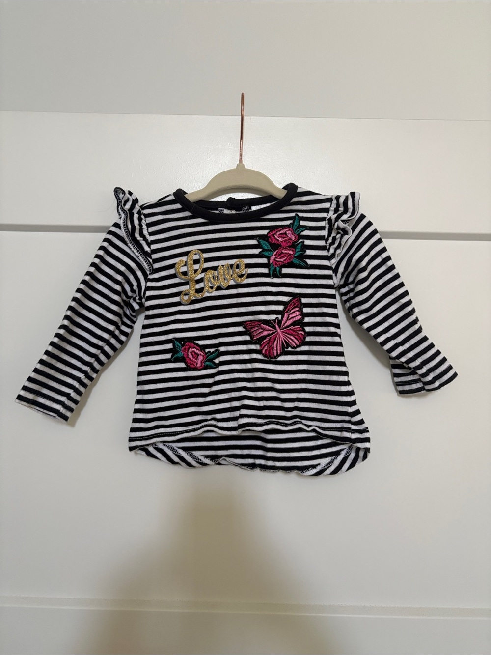 Baby Essentials Baby Girls' Black & White Striped Top with Pink Butterfly 9M